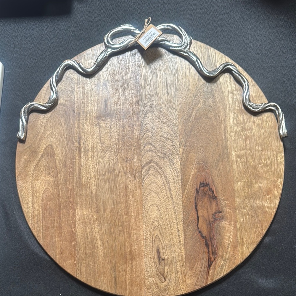 Mud Pie Round Wood Serving Board with Silver Rope Accent